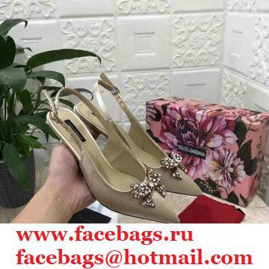 Dolce  &  Gabbana Heel 6.5cm Satin Slingbacks Beige with Crystal Bow 2021